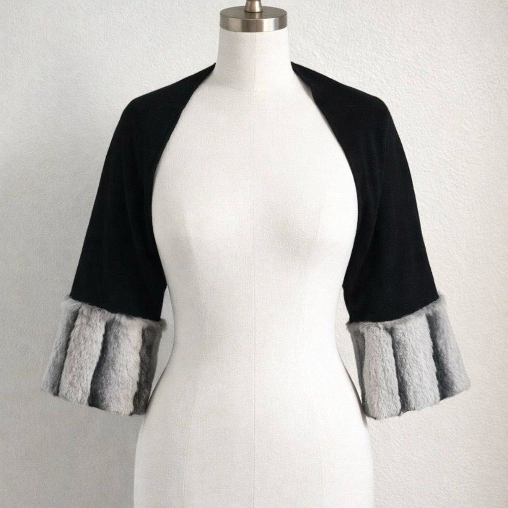 Elegant Black Bolero Shawl with Rabbit‎ Fur Cuffs 3/4 Sleeve